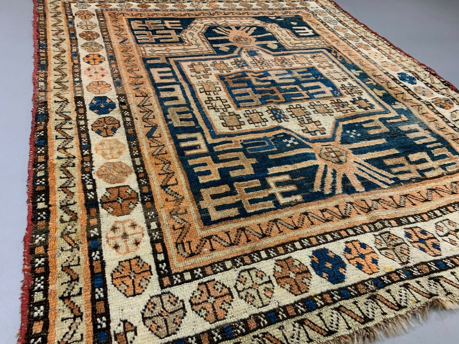 Antique Dagestan Kazak Rug 124x114 cm Caucasian, Gold, Blue, Rust Square Medium