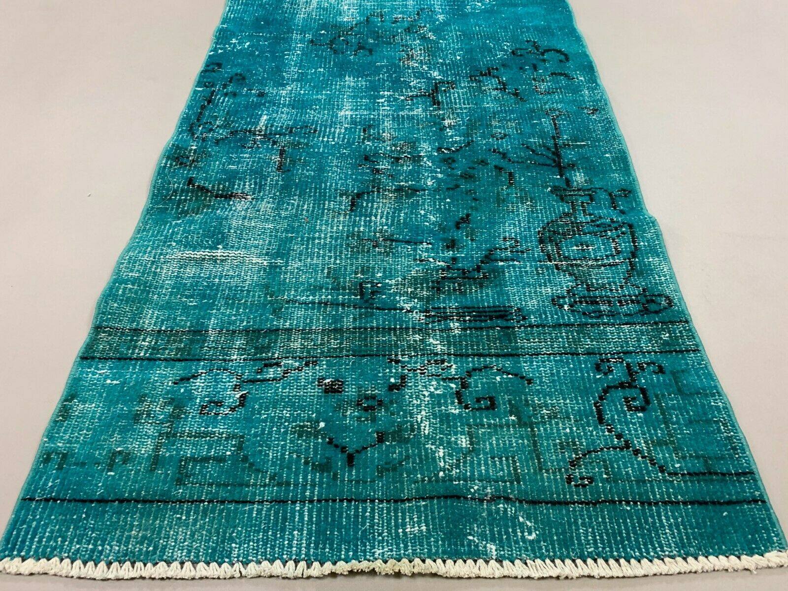 Distressed Turkish Runner 303x69 cm wool Vintage rug, Overdyed Blue kilimshop.myshopify.com