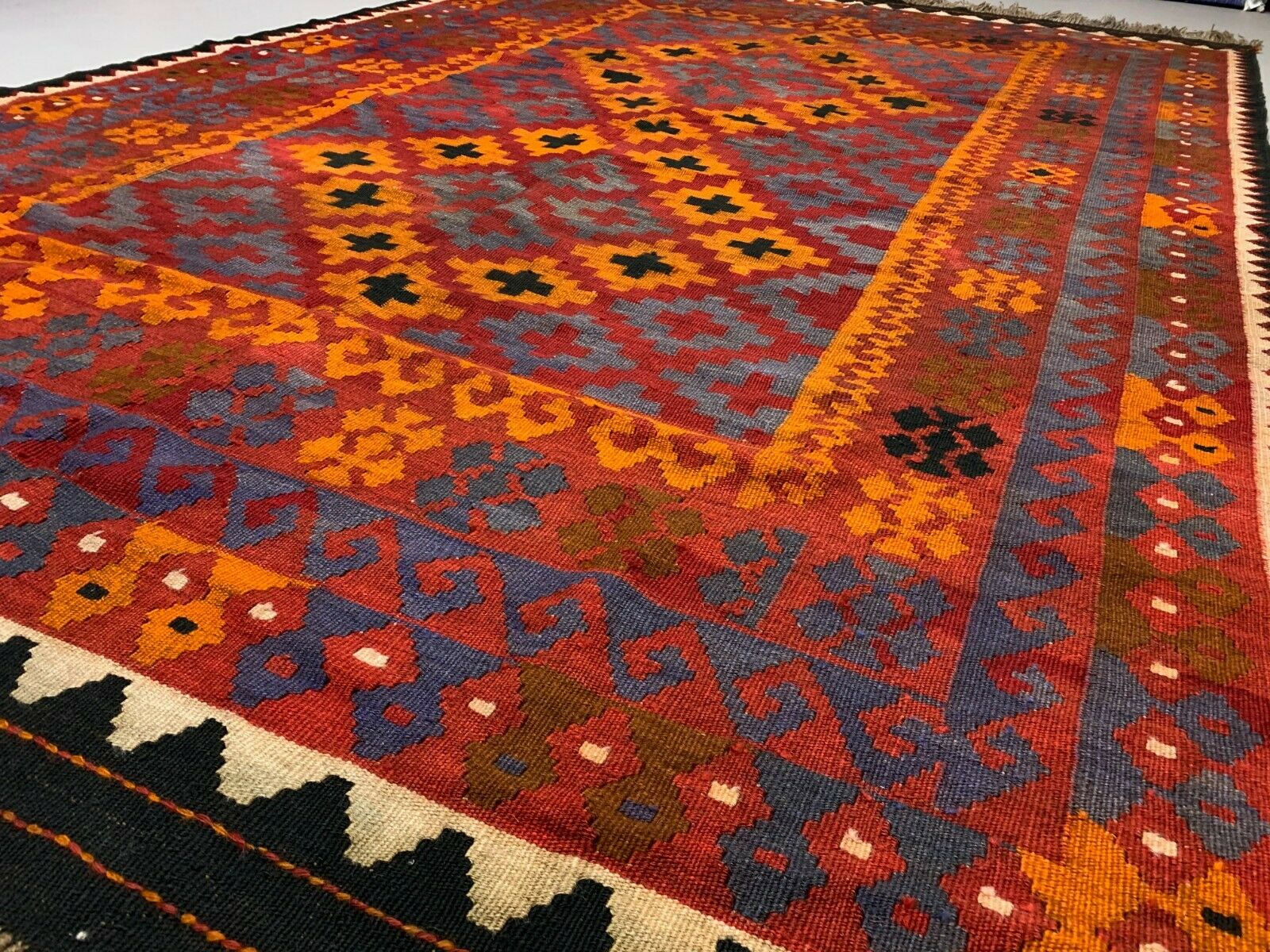 Vintage Afghan Tribal Kilim Wool Rug 300x192 cm Red, Orange, Brown, Black Large