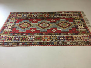 Vintage Turkish Kilim 190x109 cm Tribal Kelim Rug, Blue, Red Black Beige, Medium