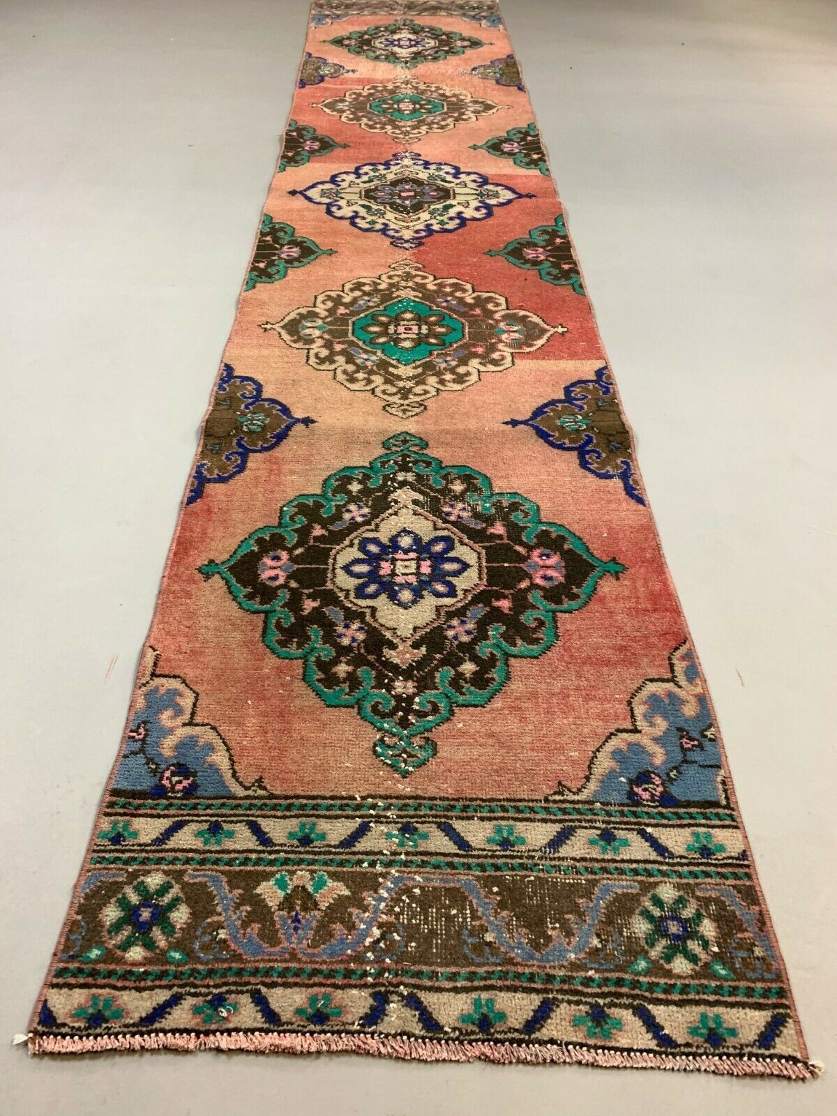Distressed Turkish Runner 380x72 cm wool Vintage Tribal Rug Pink Green kilimshop.myshopify.com