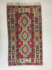 Vintage Turkish Kilim 190x109 cm Tribal Kelim Rug, Blue, Red Black Beige, Medium