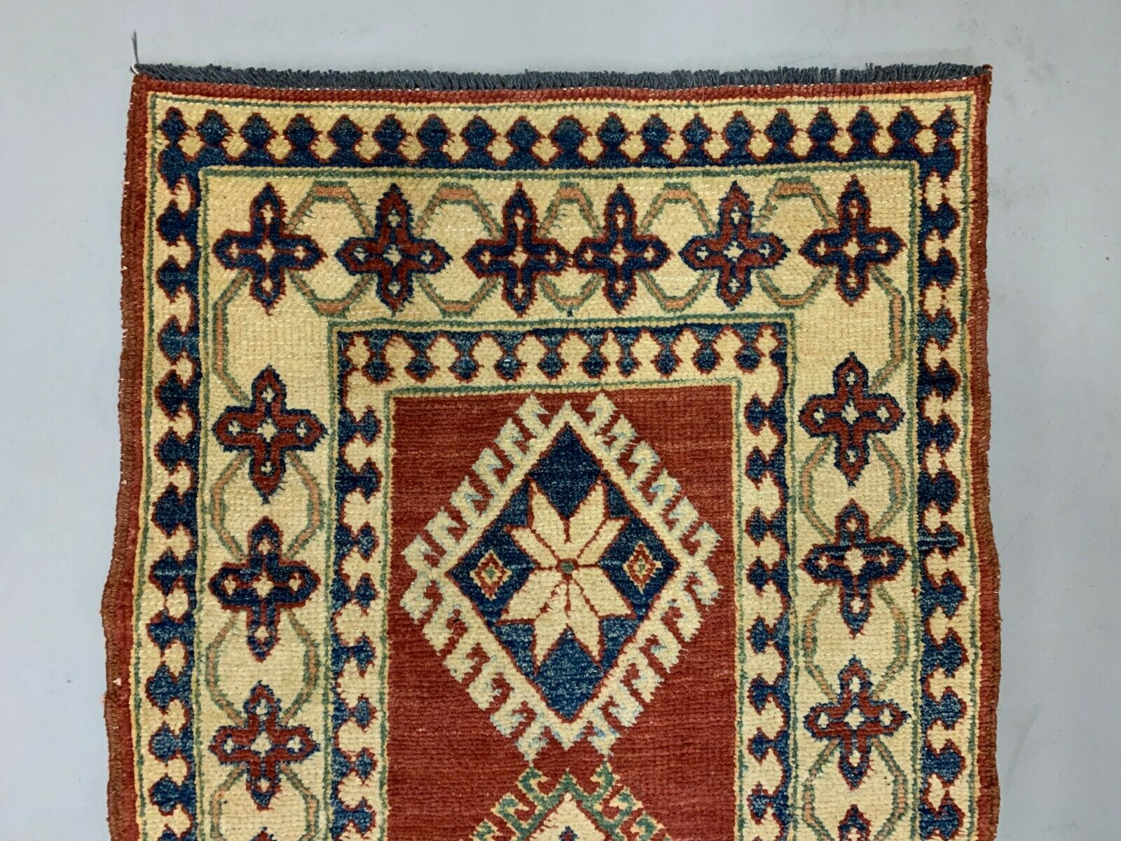 Narrow Kazak Runner, 216x85 cm, Afghan Chobi Vintage Style, Blue, Red, Beige