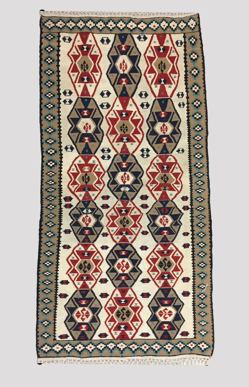 Vintage Turkish Kilim 190x96 cm Wool Kelim Rug Red Green Beige Navy Blue Medium