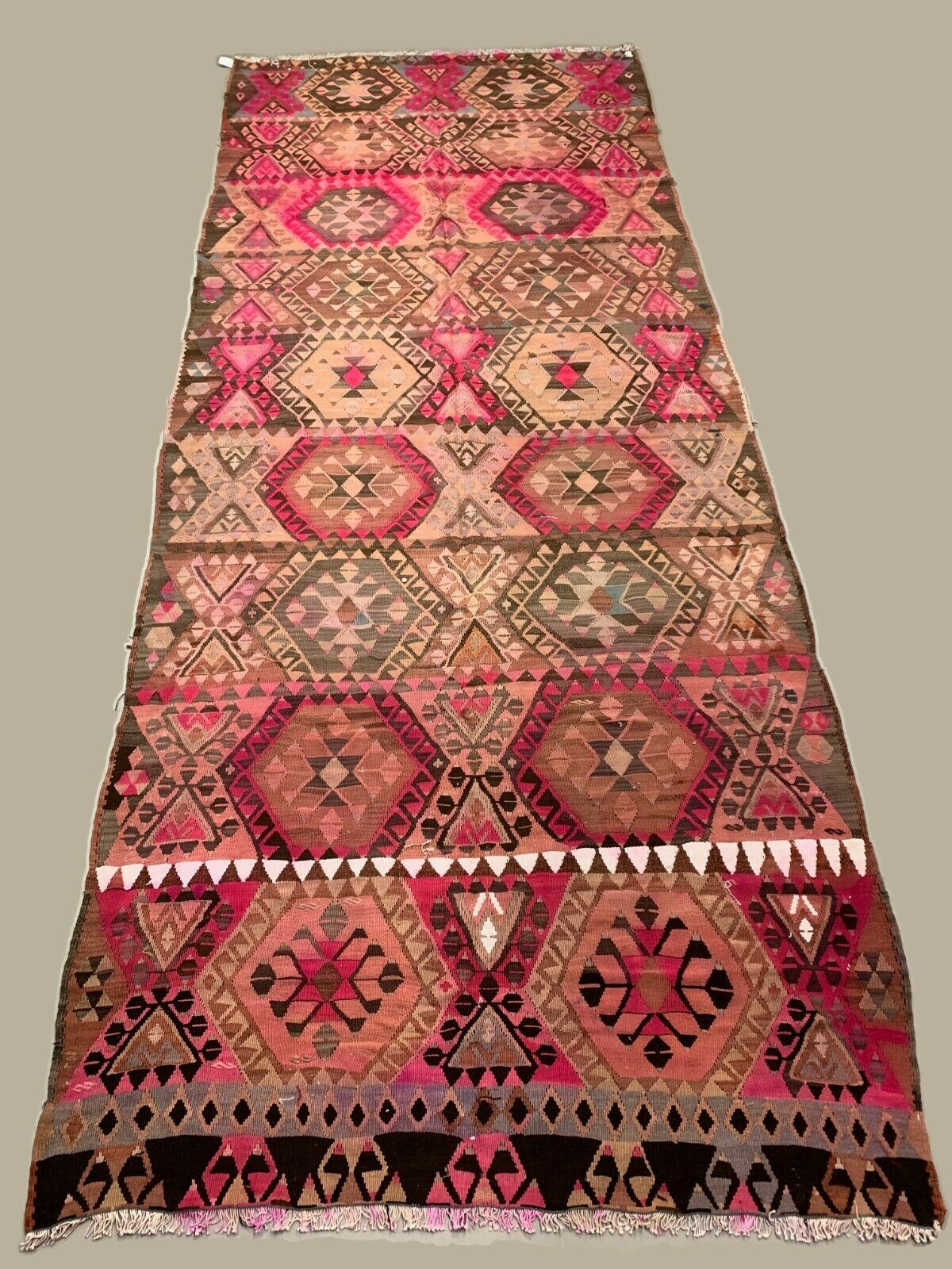 Vintage Turkish Kilim 414x174 cm Wool Kelim Rug Large Pink, Beige, Brown, Black