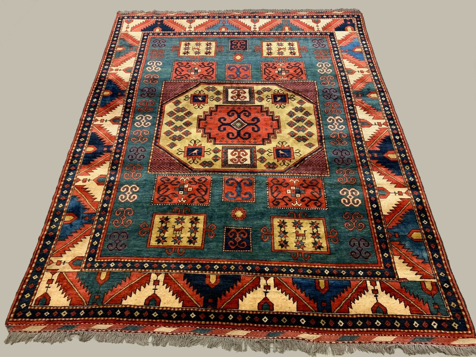 Vintage Kazak Rug 300x238 cm Afghan Large, Green Blue Red  Caucasian Karachoph kilimshop.myshopify.com