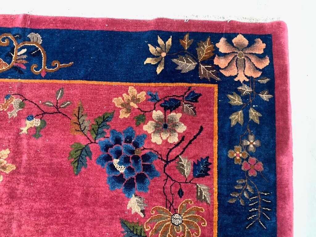 Large Chinese Art Deco Carpet, 448x308 cm, 1920s Wool, Handmade, Pink Blue Rug