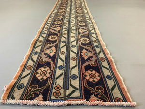 Distressed Turkish Narrow Runner 368x50 cm wool Vintage Tribal Rug Pink Black kilimshop.myshopify.com