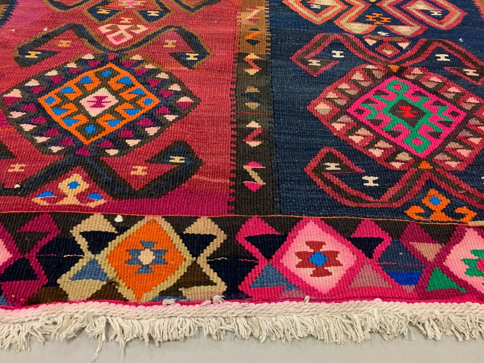 Vintage Turkish Kilim 264x110 cm Wool Kelim Rug Large Red Navy Runner kilimshop.myshopify.com