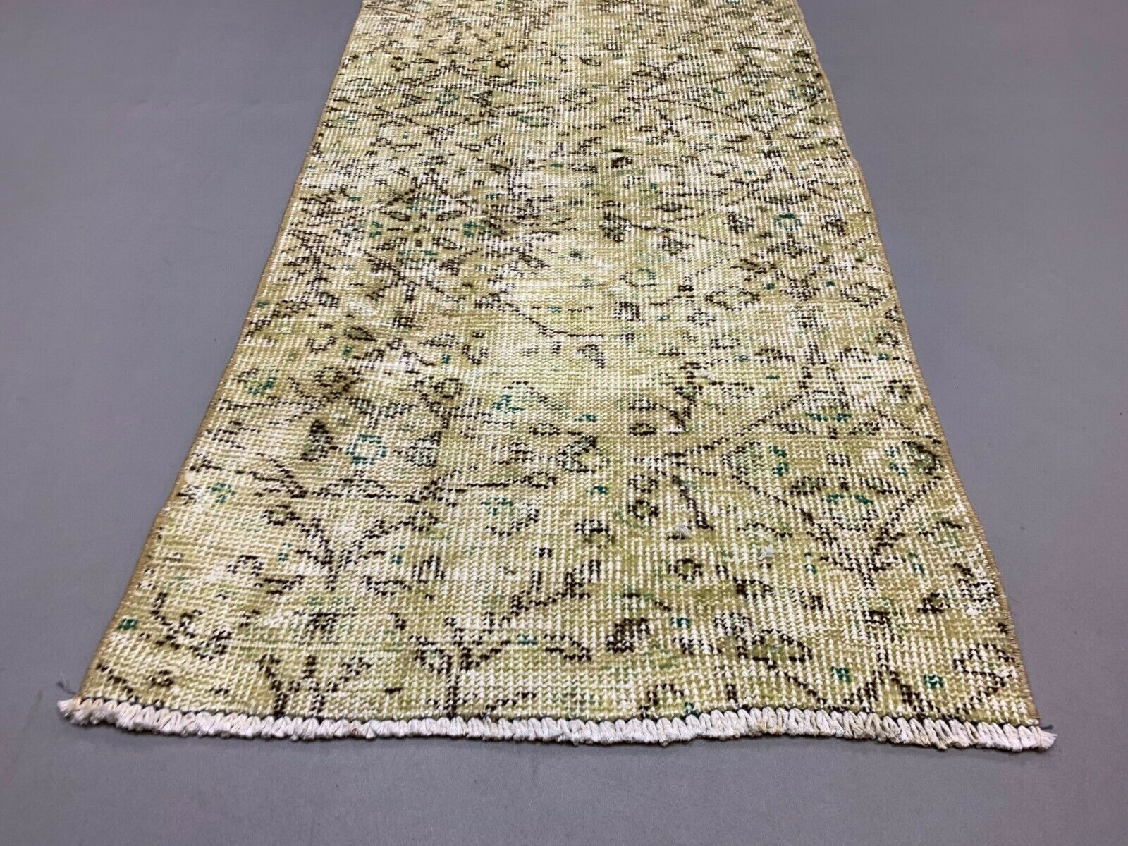 Distressed Turkish Narrow Runner 274x65 cm wool Vintage rug, Overdyed Yellow kilimshop.myshopify.com