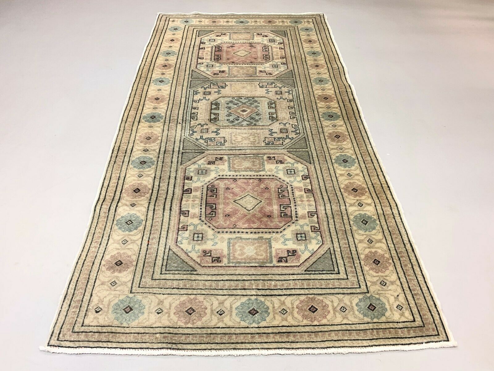 Distressed Turkish Rug 193x100 cm wool Vintage shabby Chic Tribal Blue, Beige kilimshop.myshopify.com