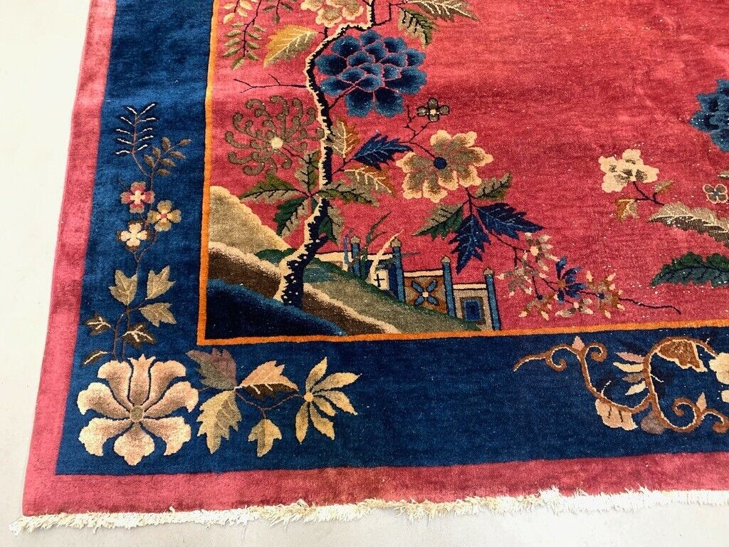 Large Chinese Art Deco Carpet, 448x308 cm, 1920s Wool, Handmade, Pink Blue Rug