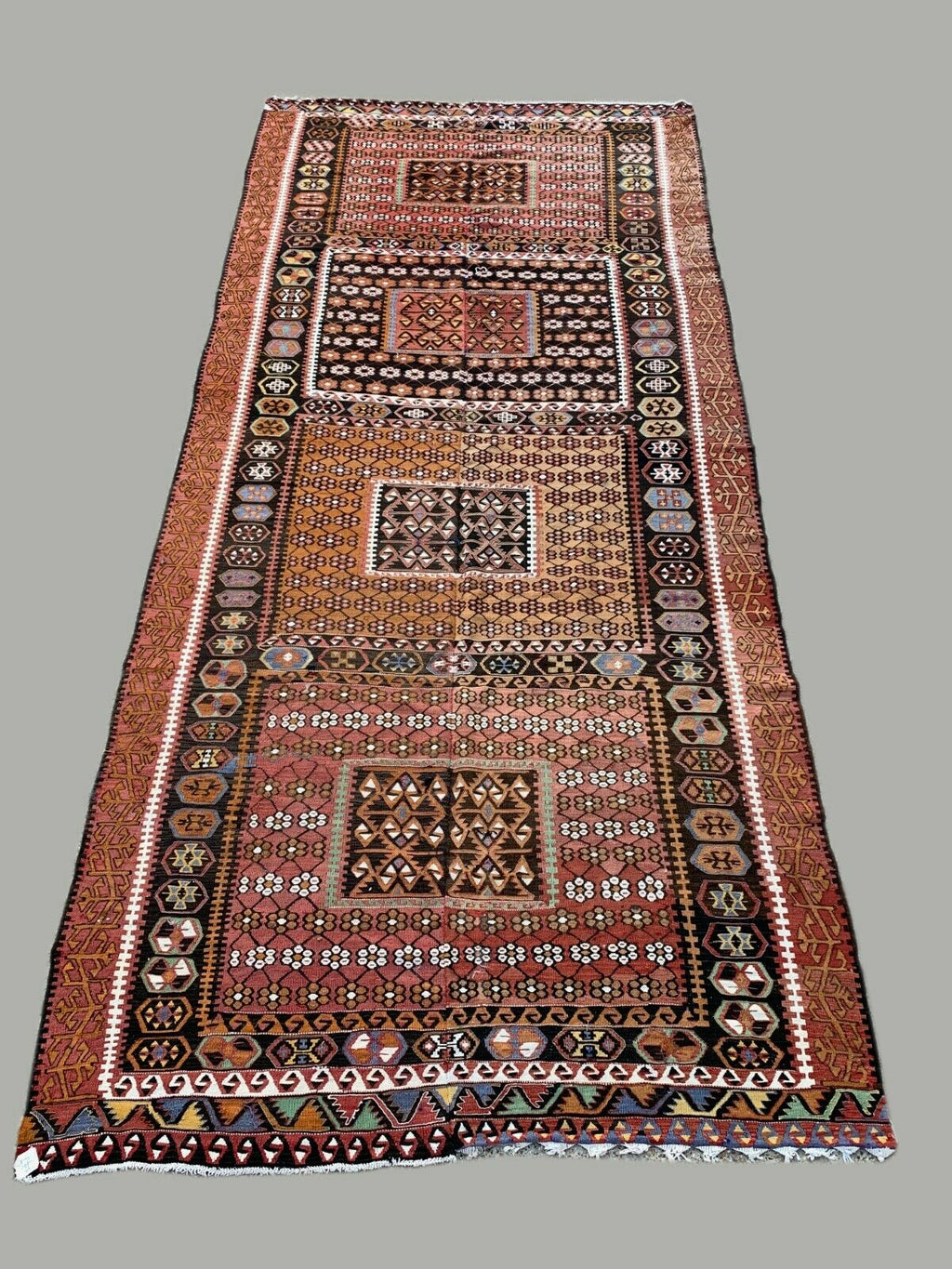 Vintage Turkish Kilim Rug 467x210 cm Tribal Kelim Red, Green, Black, Gold Large