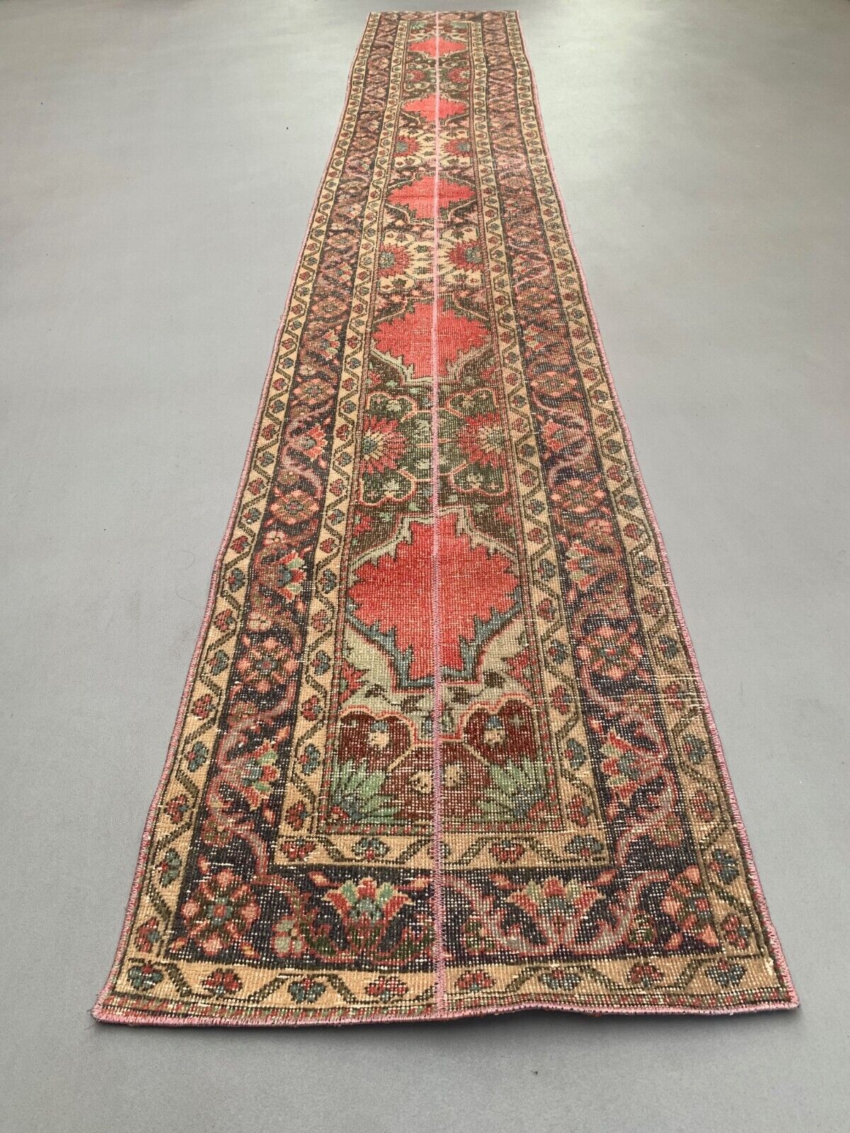 Distressed Turkish Narrow Runner 397x63 cm wool Vintage Tribal Rug