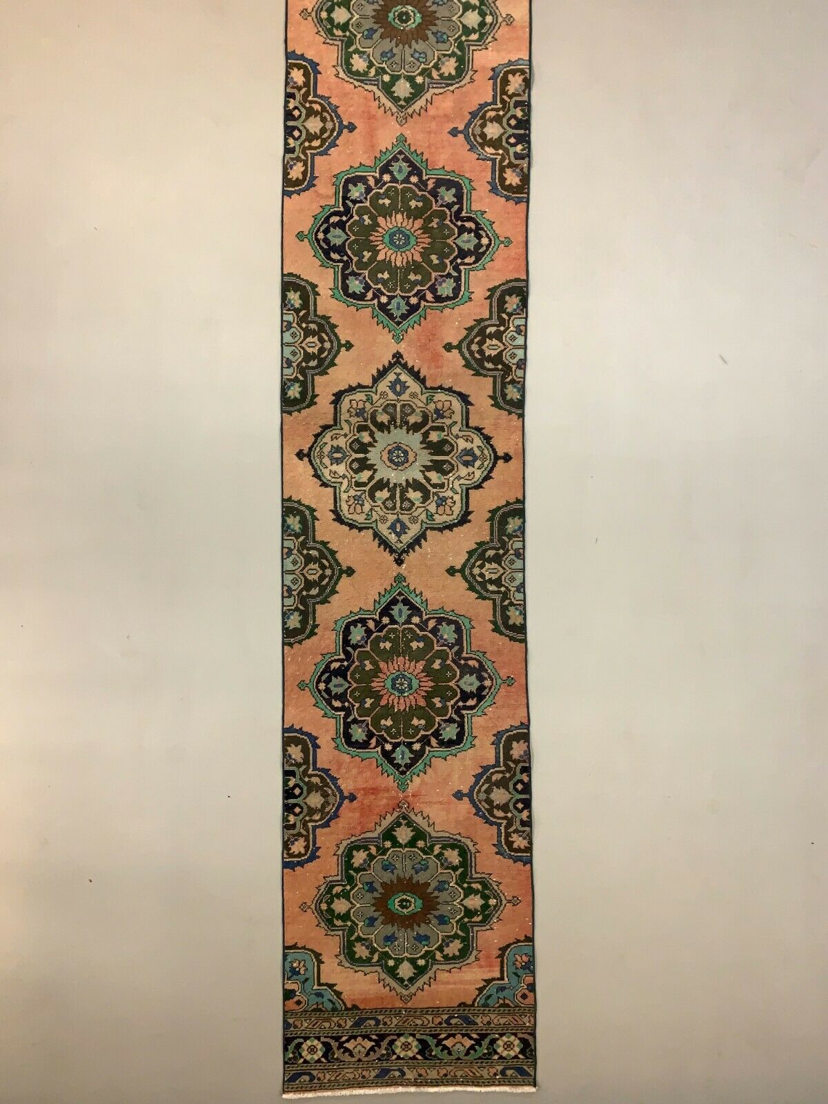 Distressed Turkish Runner 410x80 cm wool Vintage Tribal Rug Pink Green kilimshop.myshopify.com