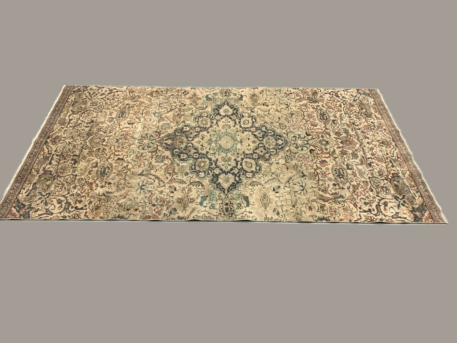 Distressed Turkish Rug 247x127 cm wool Vintage shabby Chic Runner Green, Beige kilimshop.myshopify.com