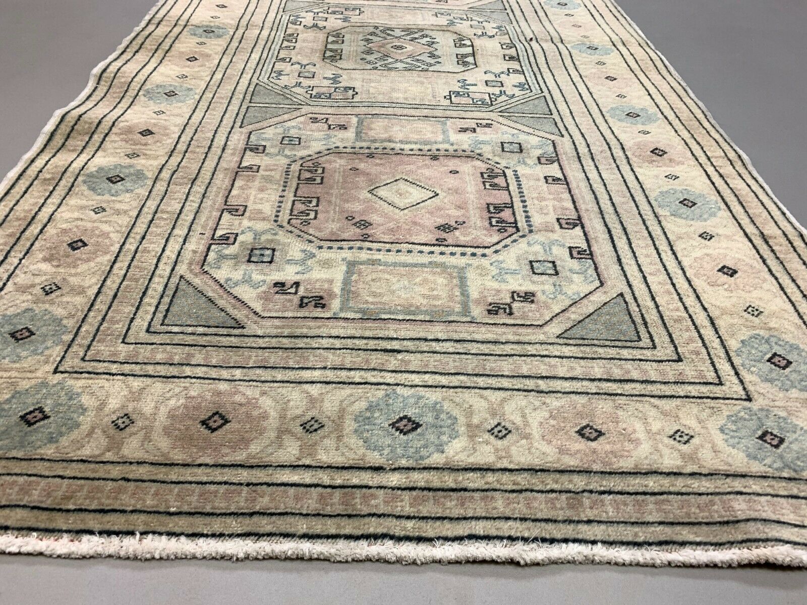 Distressed Turkish Rug 193x100 cm wool Vintage shabby Chic Tribal Blue, Beige kilimshop.myshopify.com