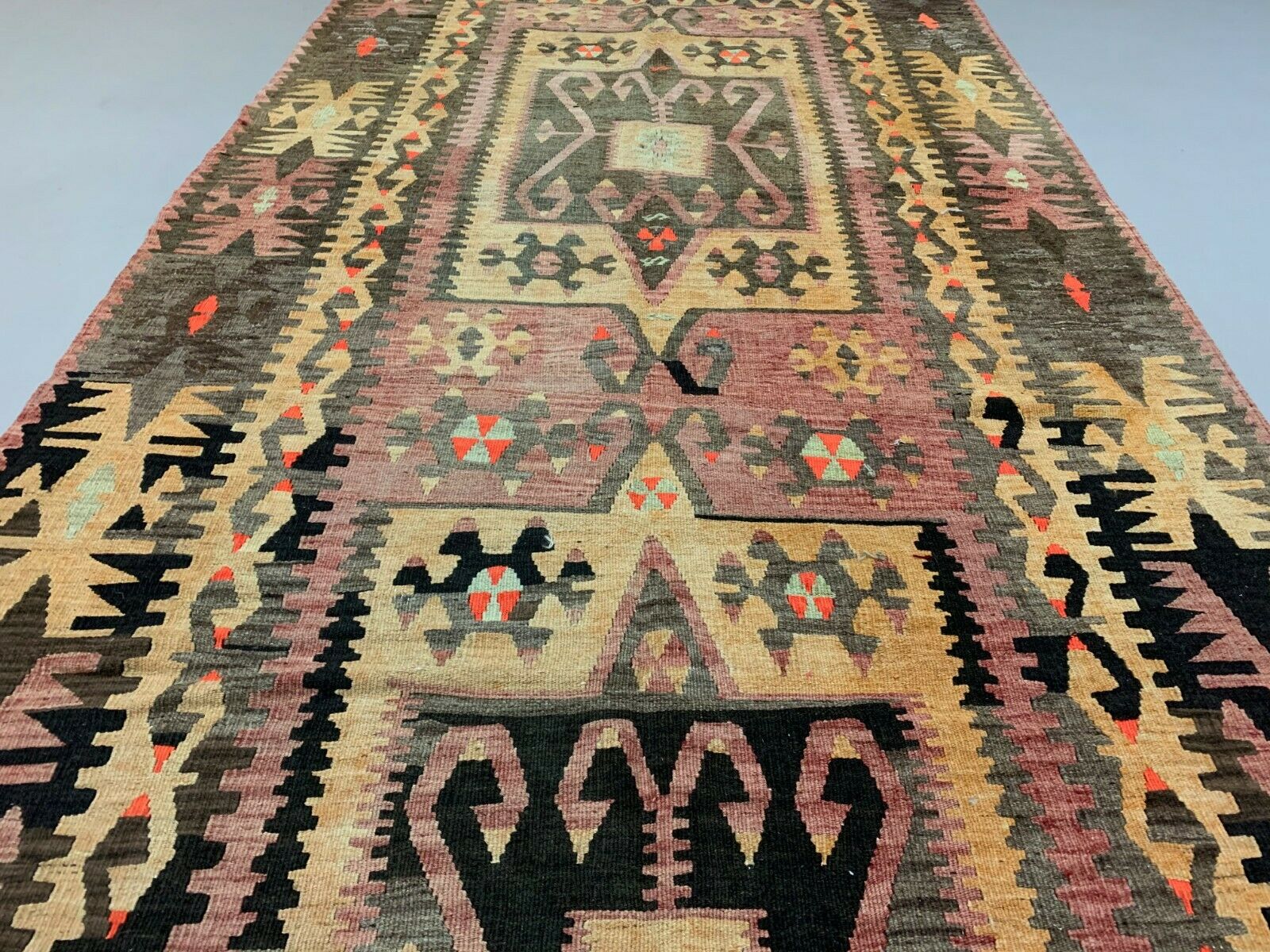 Vintage Turkish Kilim 350x140 cm Wool Kelim Rug Large kilimshop.myshopify.com