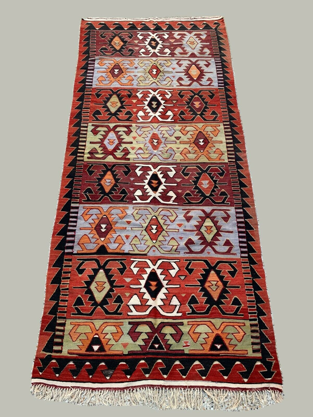 Vintage Turkish Kilim 369x160 cm Tribal Kelim Rug Large Pink, Blue, Beige, Black