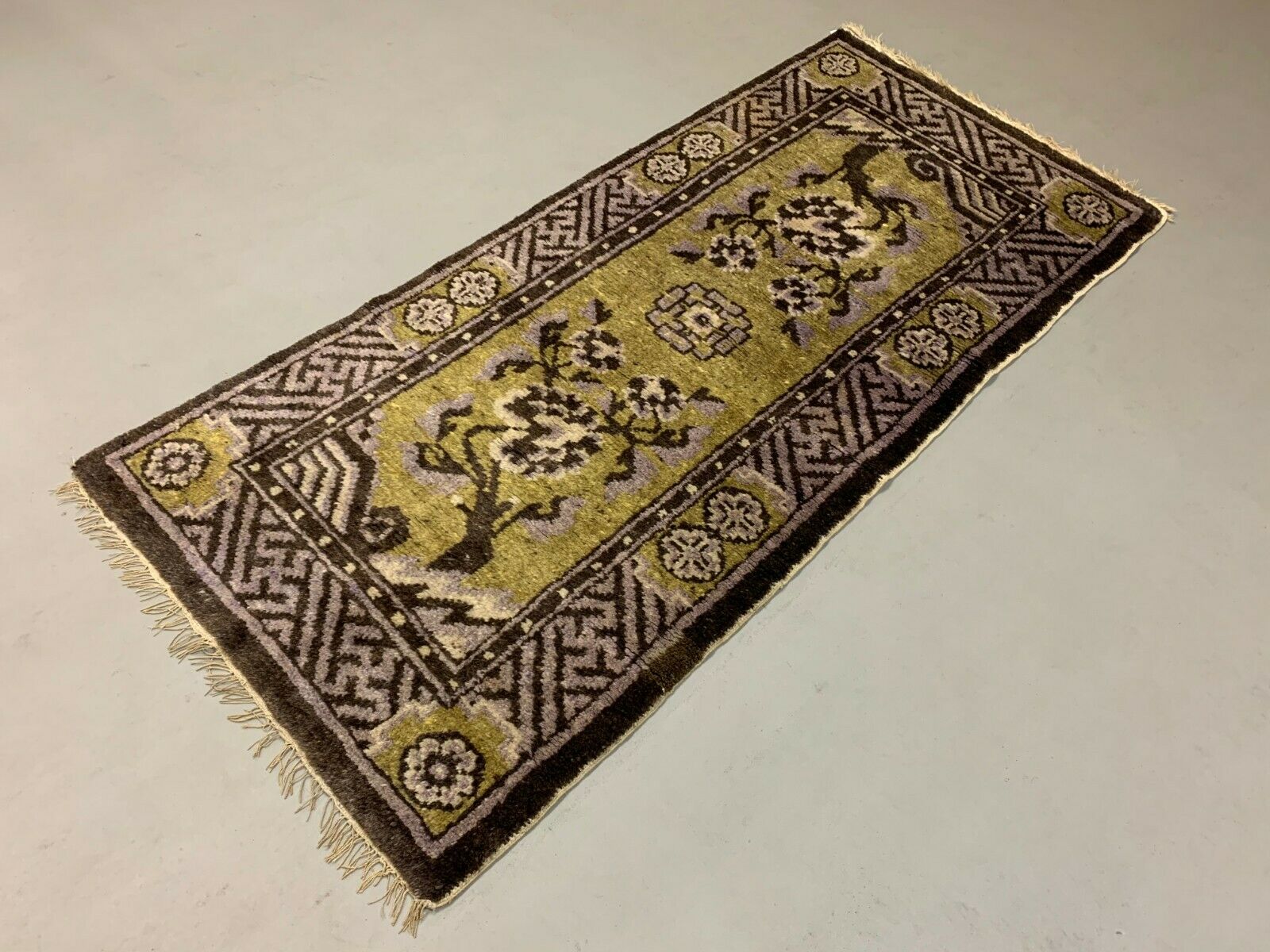 Antique Chinese Pao Tao Rug 145x68 cm, Wool, Gold and Brown kilimshop.myshopify.com