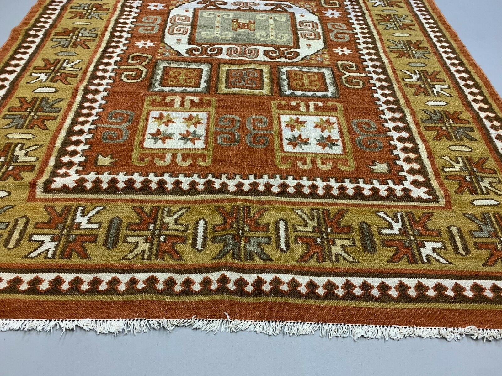 Vintage Turkish Kilim  240x173 cm, tribal Kelim Rug, Green, Beige, Brown, Large