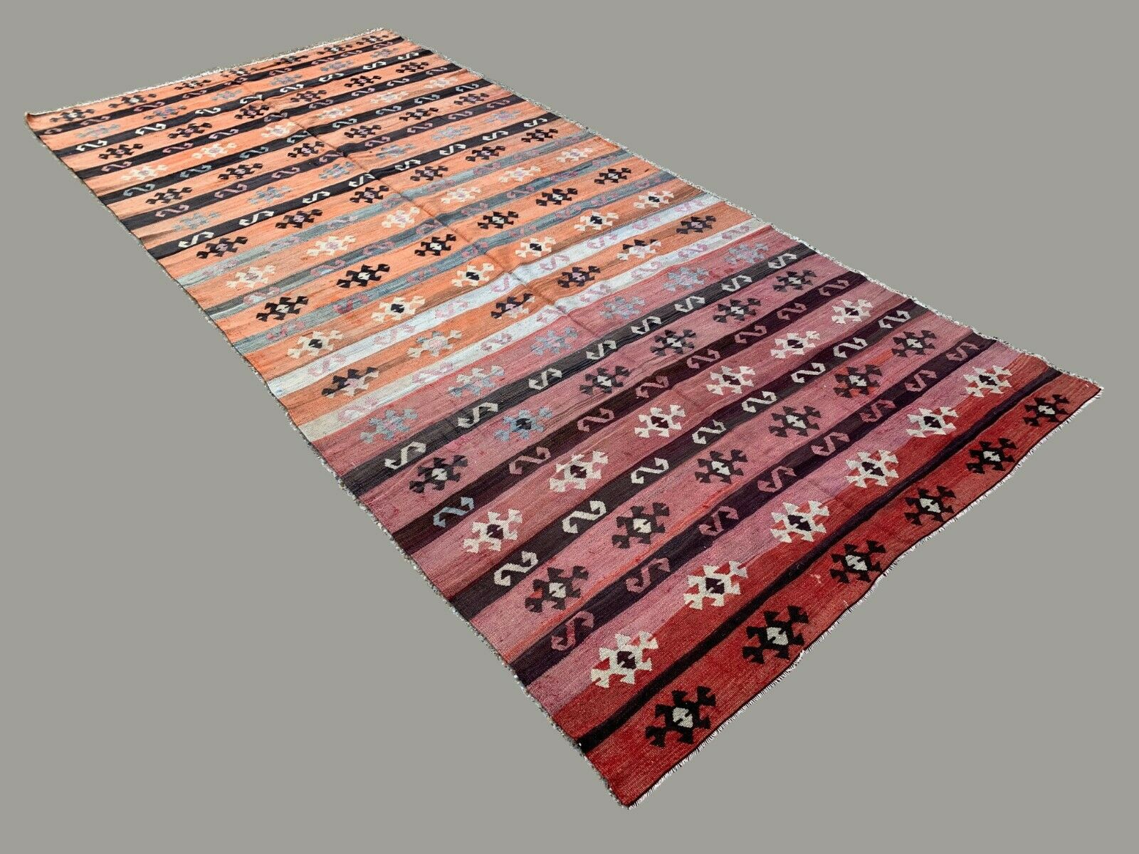 Vintage Turkish Kilim 350x160 cm Tribal Kelim Rug Large Pink, Blue, Beige, Black