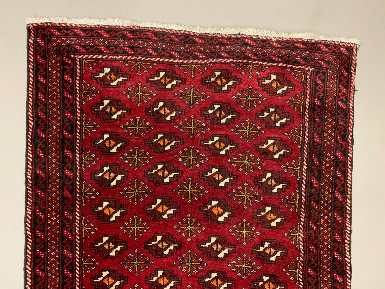 Vintage Turkoman Runner 303x104 cm Tribal Wool Rug, Red, Black