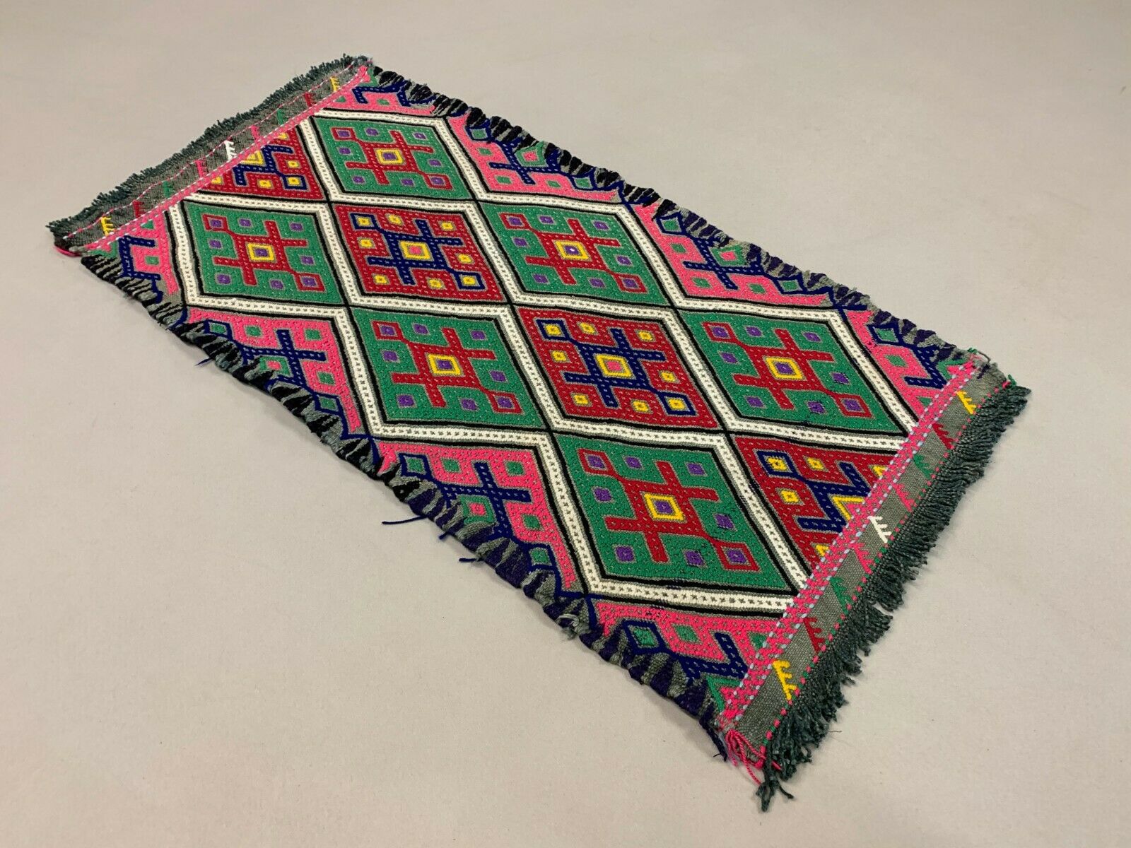 Vintage Turkish Mini Kilim 83x42 cm Shabby Wool Small Kelim Rug Pink Red Green