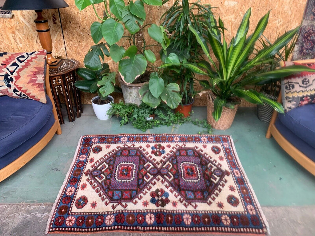 Old Turkish Kazak Rug 129x91 cm vintage tribal carpet, Red and Blue Large