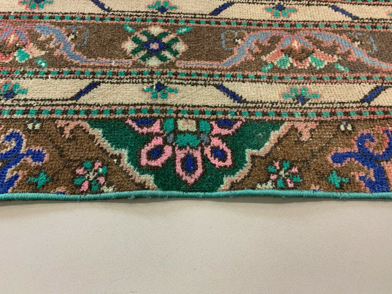Distressed Turkish Rug 110x74 cm Vintage Shabby, Runner, Green, Brown Small kilimshop.myshopify.com