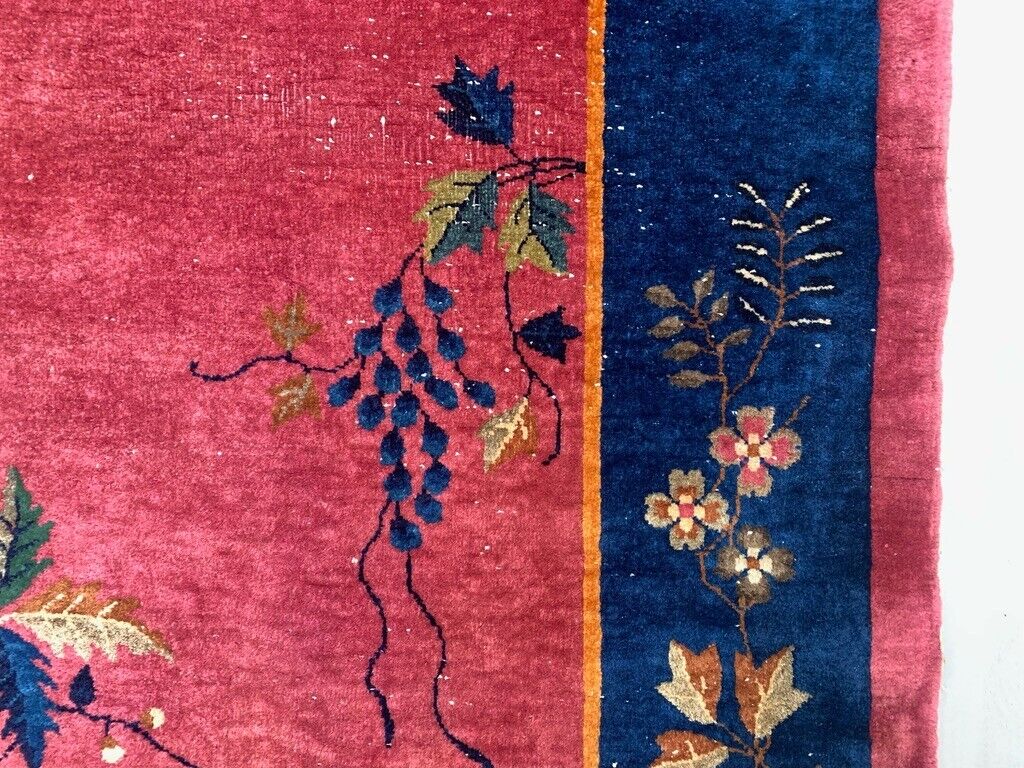 Large Chinese Art Deco Carpet, 448x308 cm, 1920s Wool, Handmade, Pink Blue Rug
