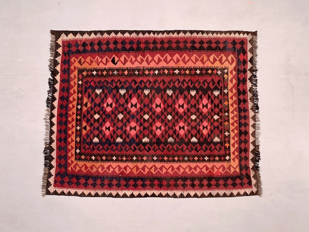 Vintage Afghan Tribal Kilim Wool Rug 185x150 cm Red, Orange, Brown, Black Large
