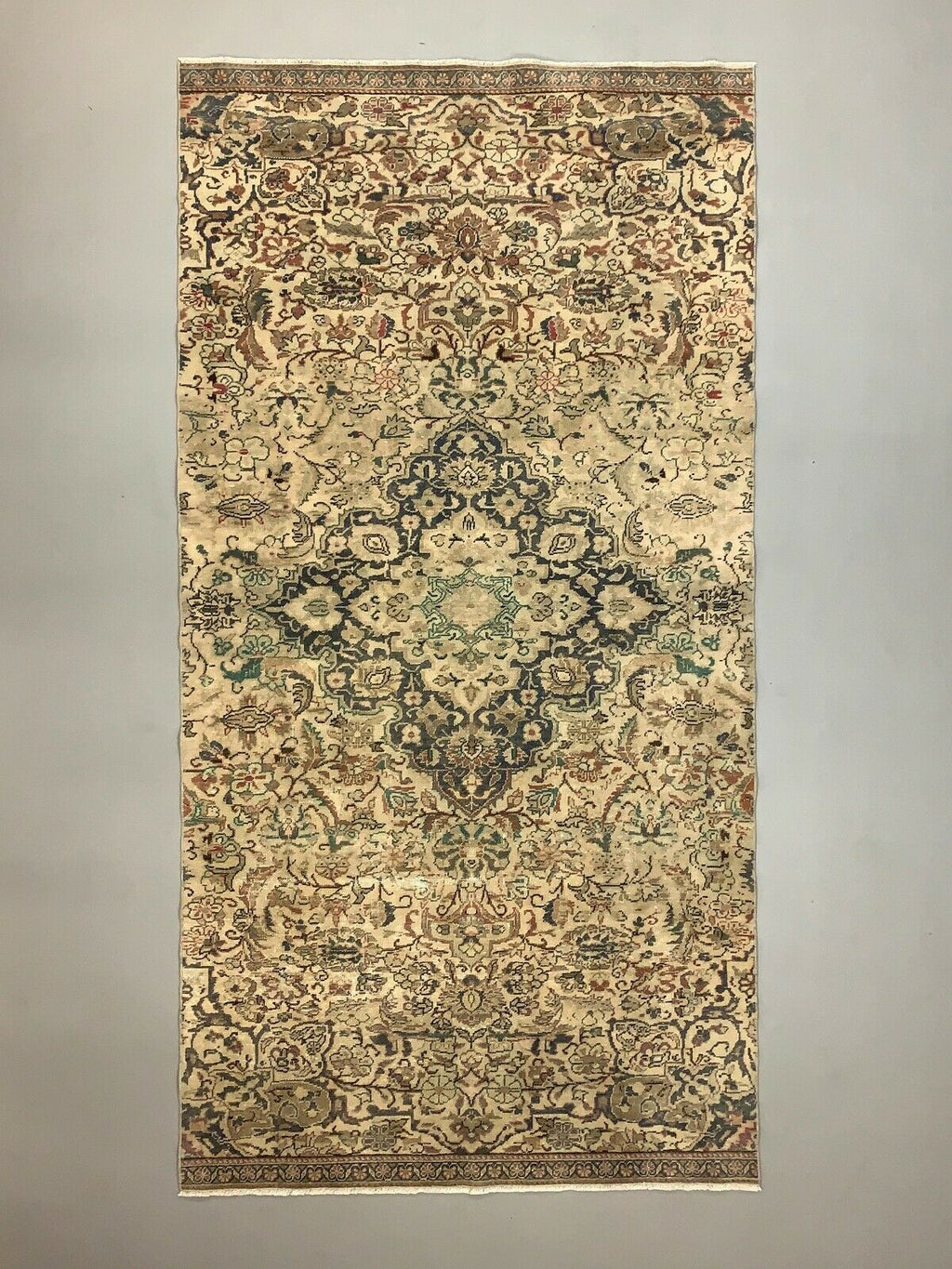 Distressed Turkish Rug 247x127 cm wool Vintage shabby Chic Runner Green, Beige kilimshop.myshopify.com