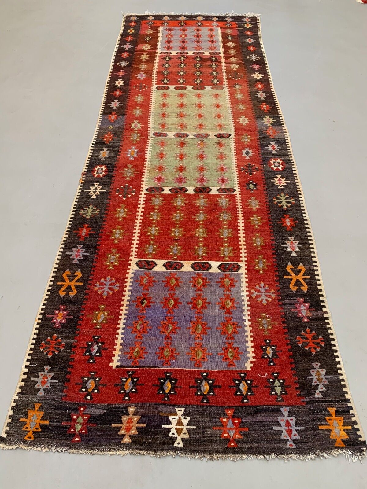 Vintage Turkish Kilim 344x114 cm Wool Kelim Rug Large Wide Runner Red, Black