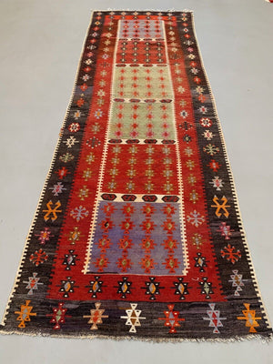 Vintage Turkish Kilim 344x114 cm Wool Kelim Rug Large Wide Runner Red, Black
