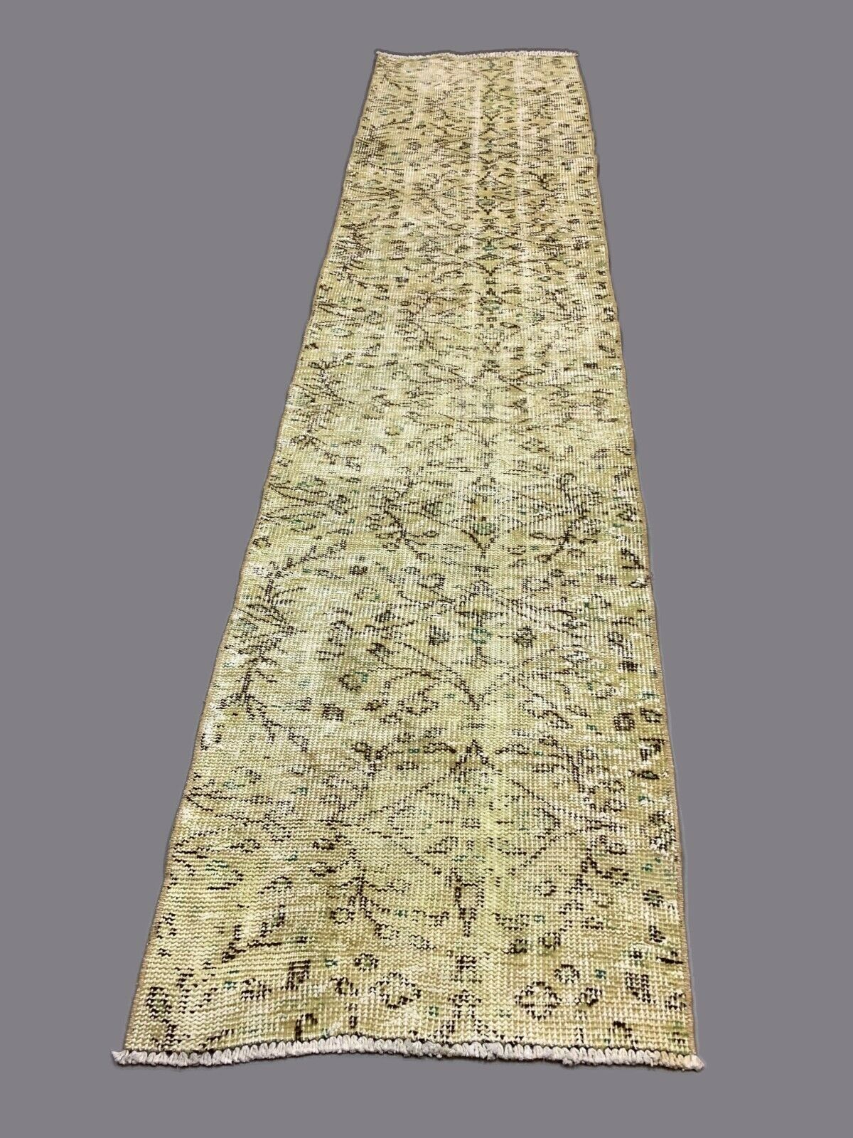Distressed Turkish Narrow Runner 267x63 cm wool Vintage rug, Overdyed Yellow kilimshop.myshopify.com