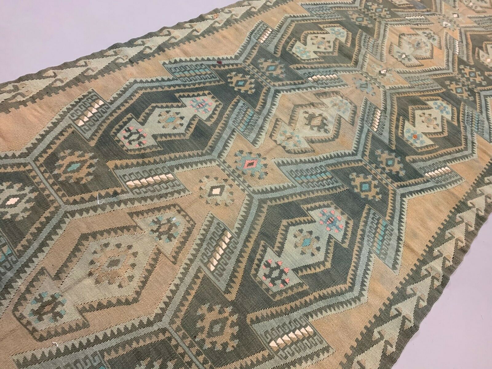 Vintage Turkish Kilim Rug 395x132 cm, Wool Kelim Runner kilimshop.myshopify.com