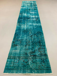 Distressed Turkish Runner 303x69 cm wool Vintage rug, Overdyed Blue kilimshop.myshopify.com