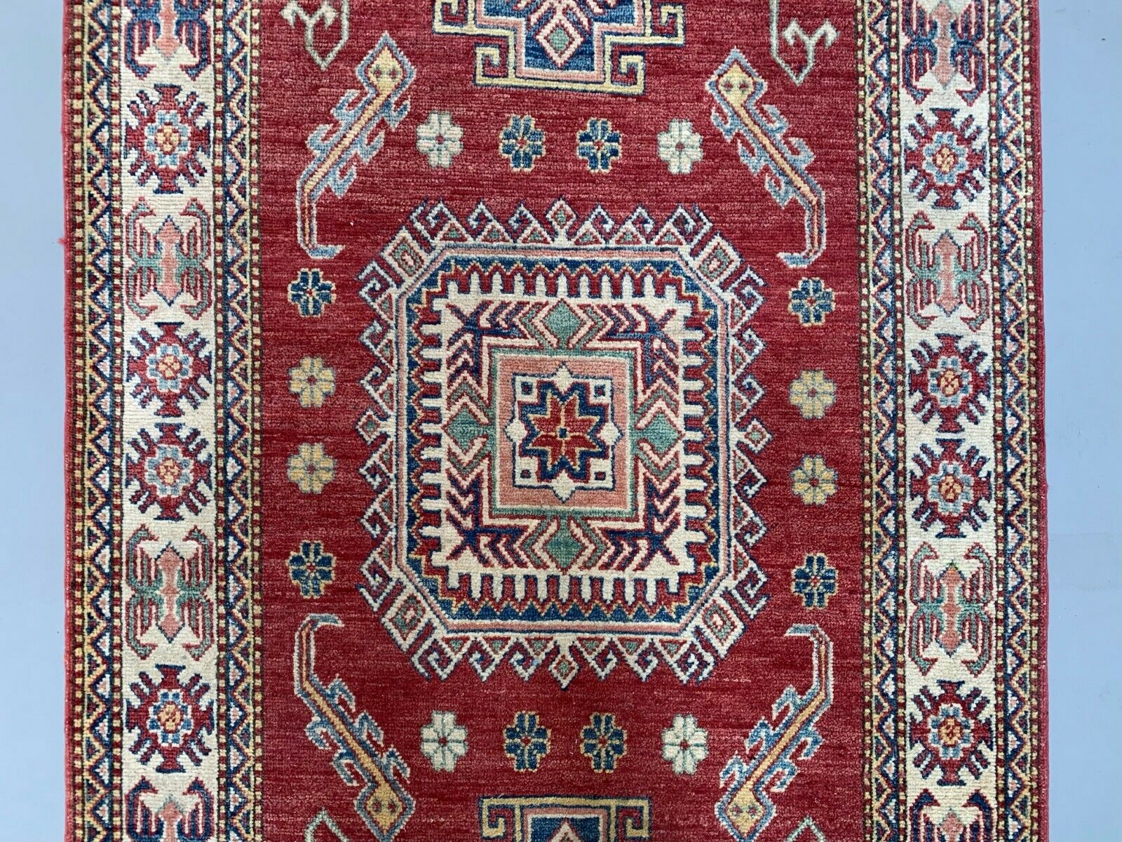 Afghan Kazak Rug 215x120 cm vintage tribal carpet, Blue, Red, Beige, Medium