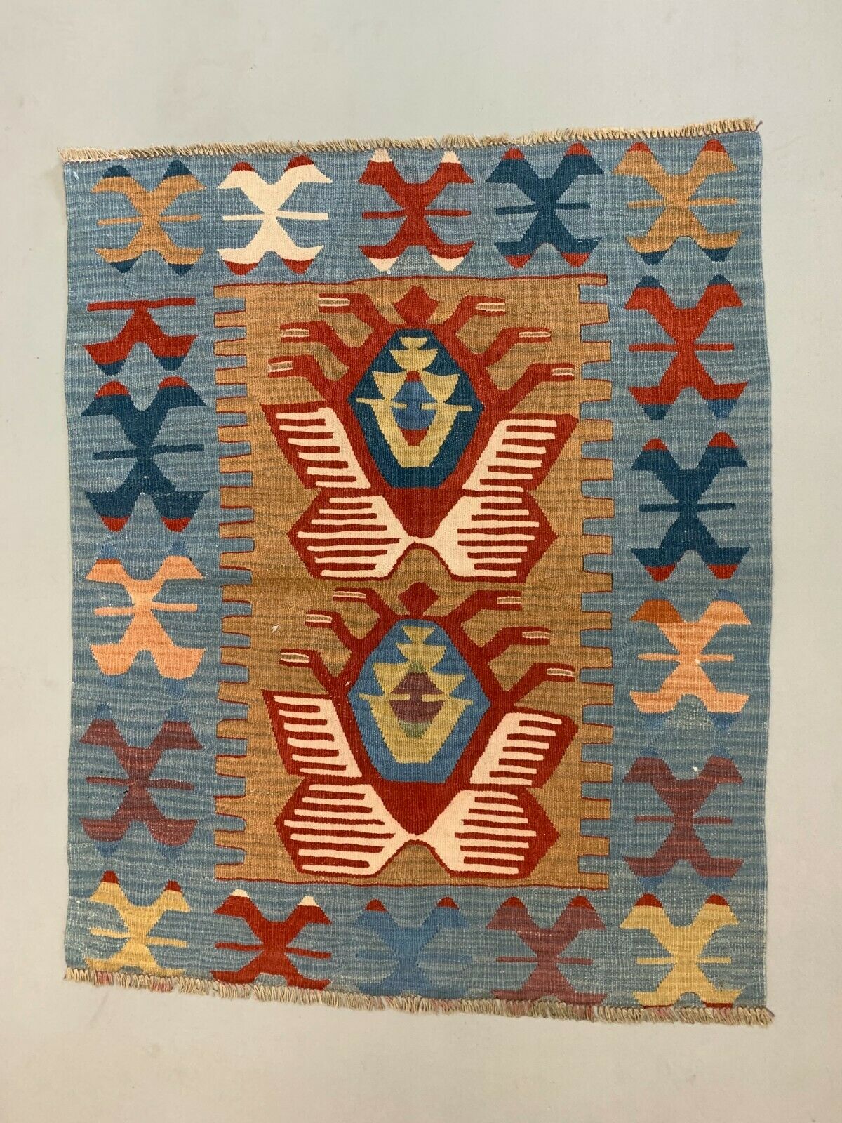 Small Vintage Turkish Kilim 107x86 cm Wool Kelim Rug Red Blue Brown