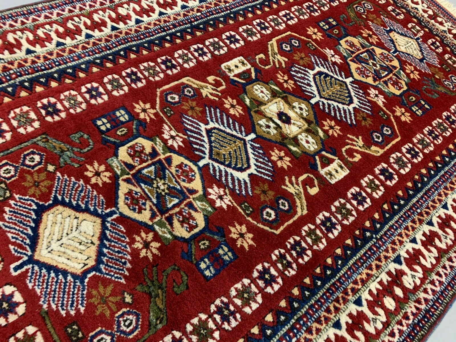 Vintage Turkish Bergama Rug  200x120 cm Red Blue and Beige kilimshop.myshopify.com