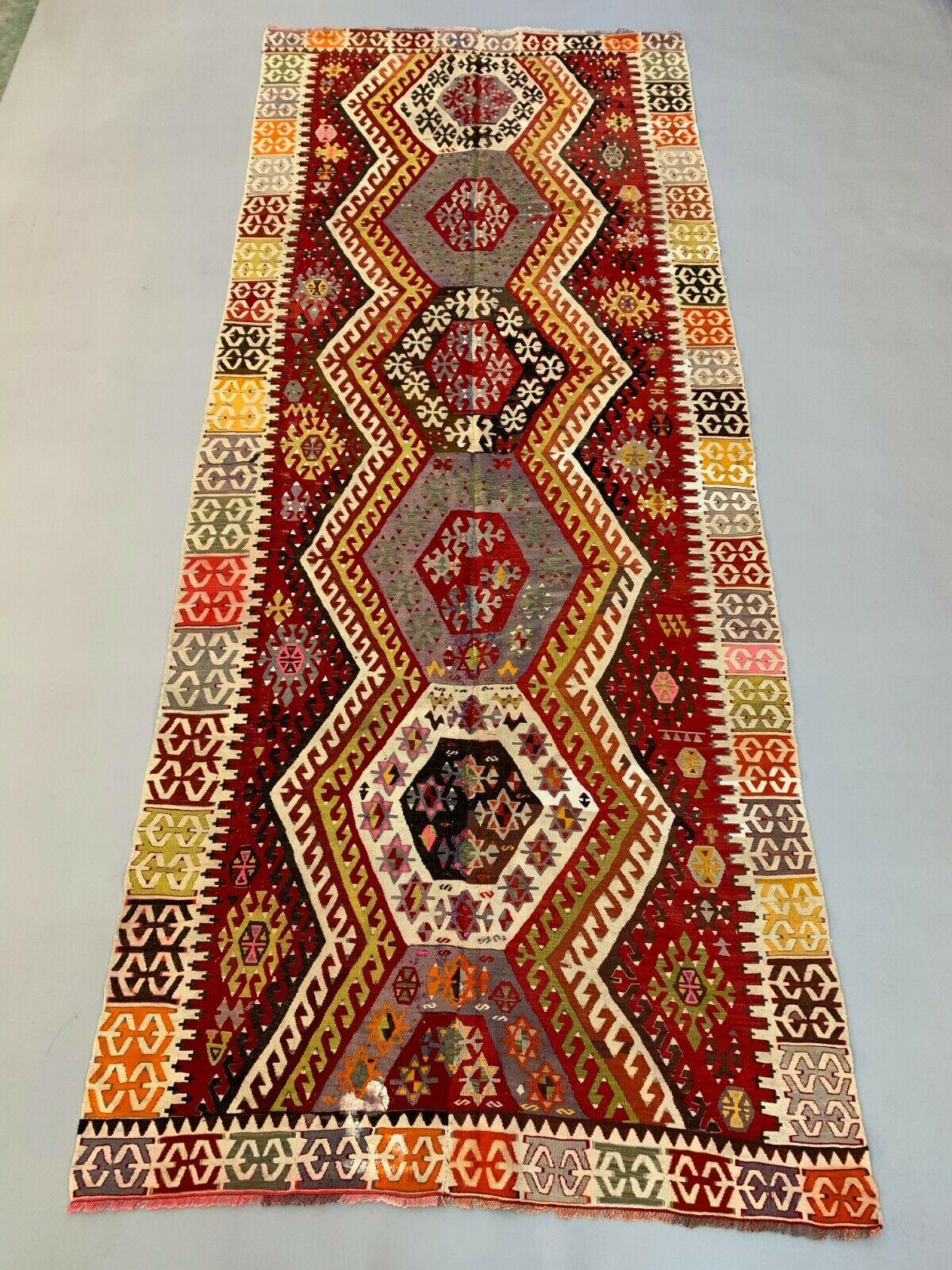 Vintage Turkish Kilim 432x177 cm Wool Kelim Rug Large Wide Runner Red, Black