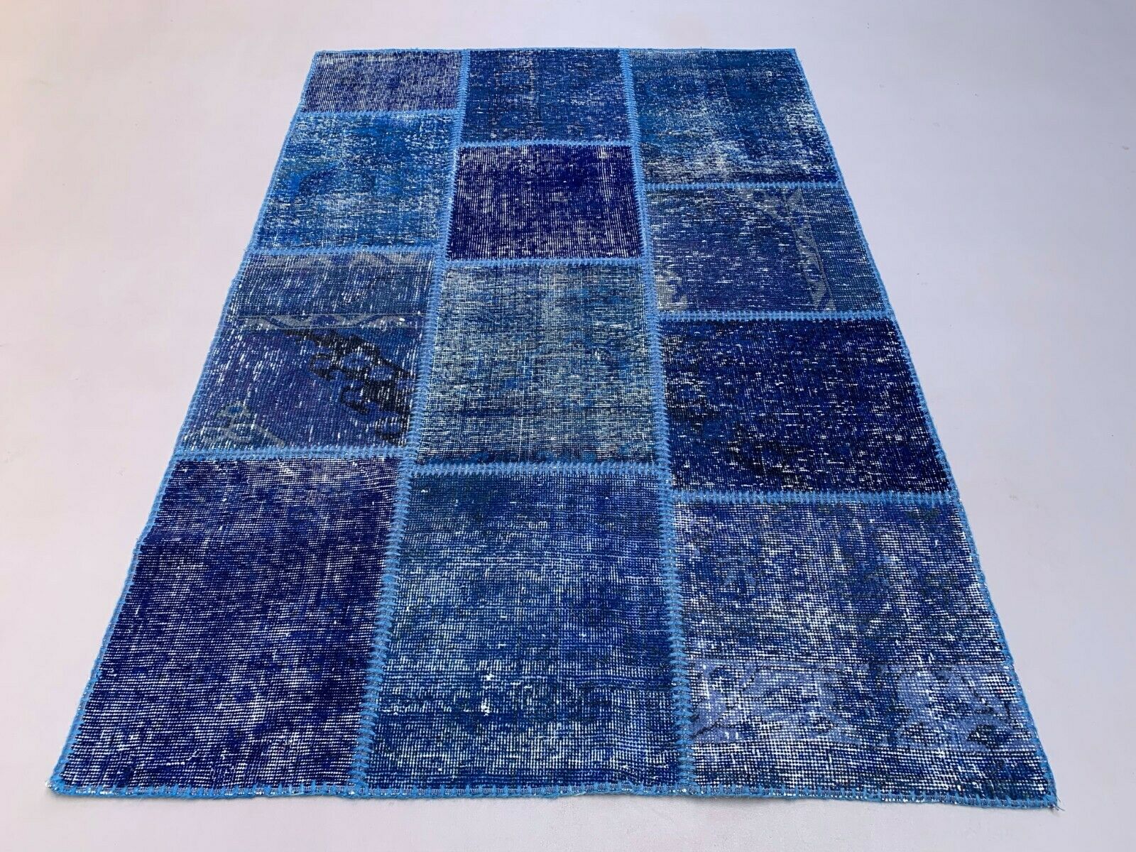 Distressed Turkish Patchwork Rug 183x123 cm Vintage shabby Tribal Blue Medium