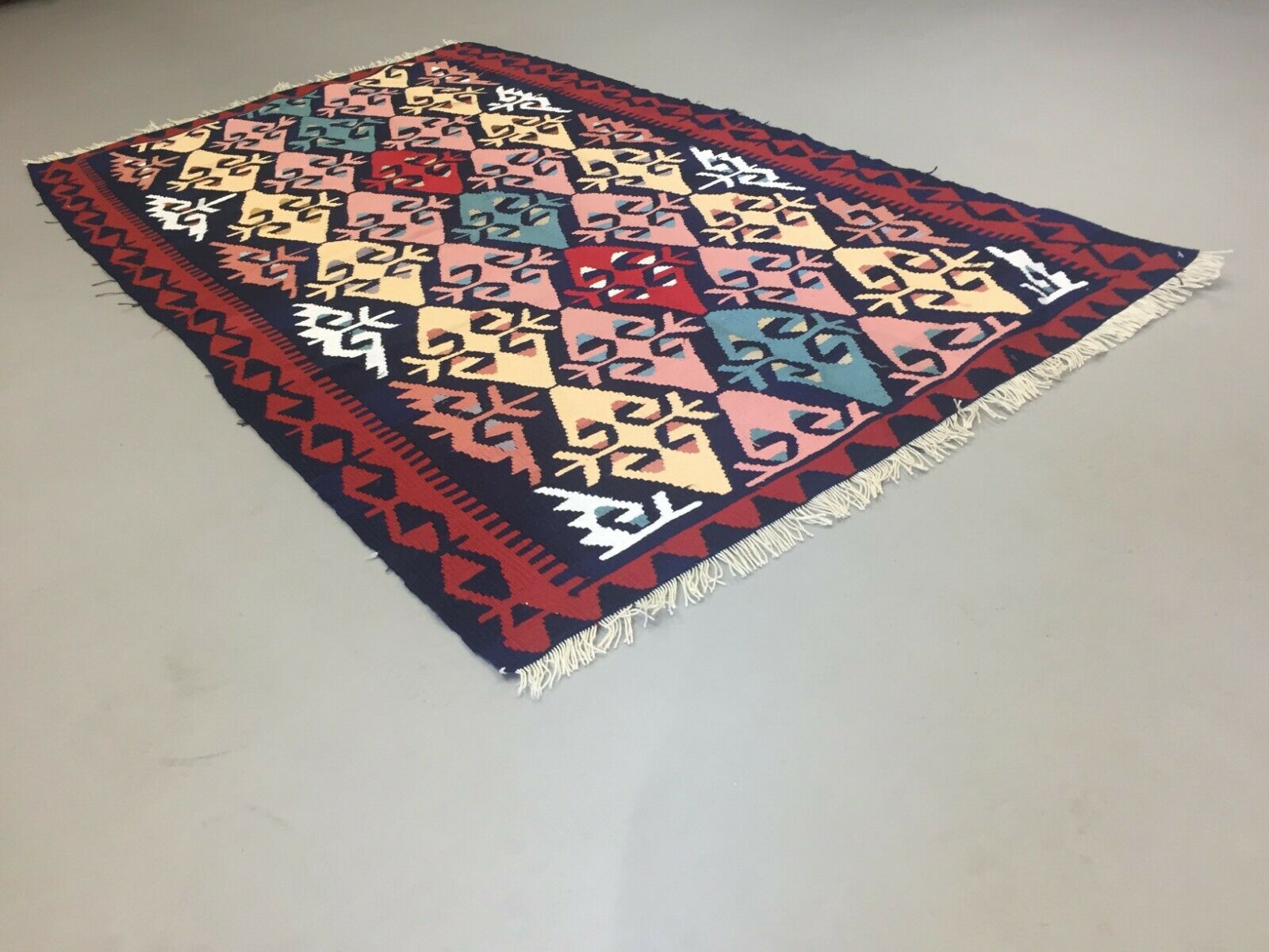 Vintage Turkish Kilim 177x103 cm Wool Kelim Rug Red Blue Pink Black Medium