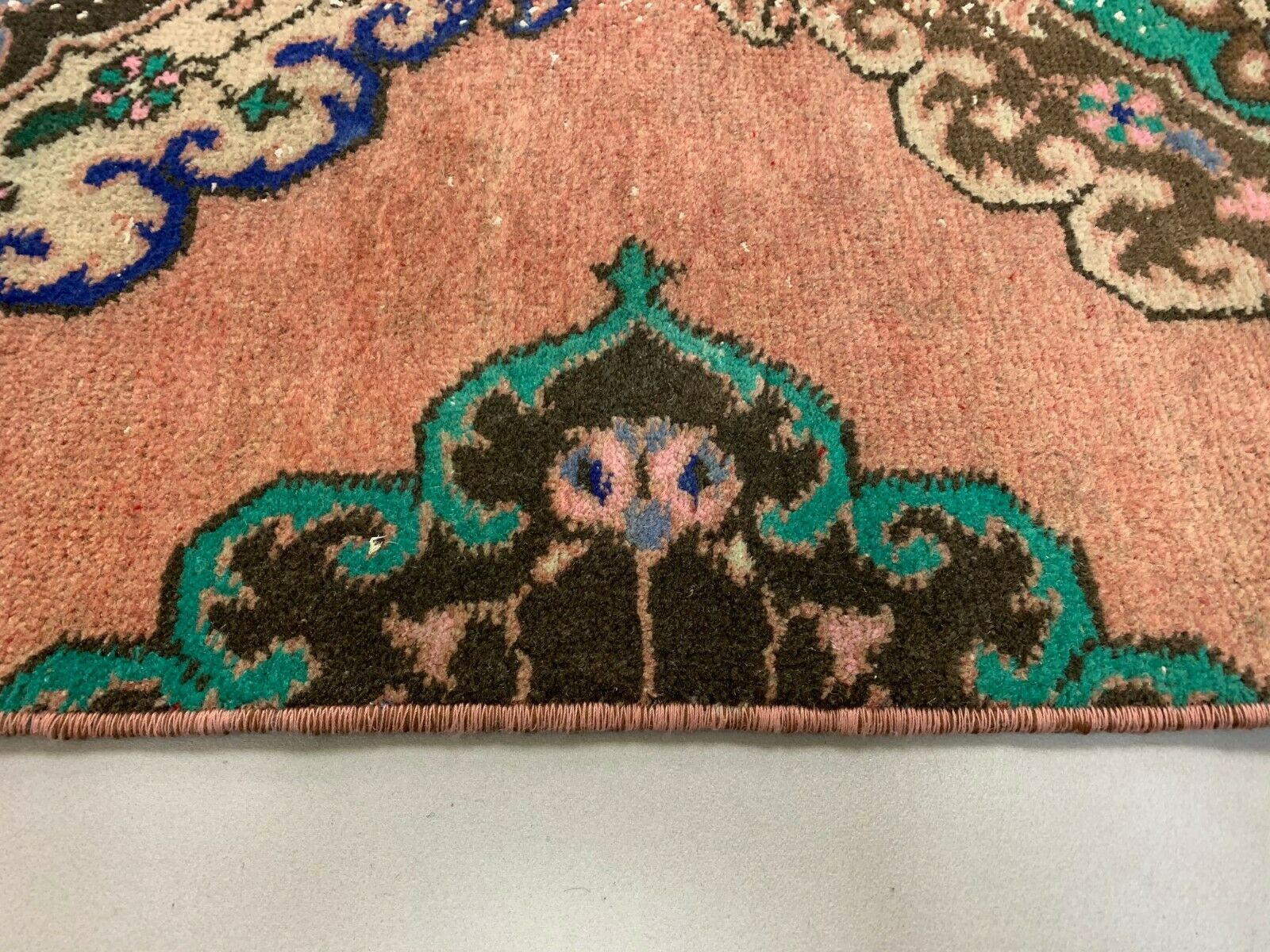 Distressed Turkish Runner 380x72 cm wool Vintage Tribal Rug Pink Green kilimshop.myshopify.com