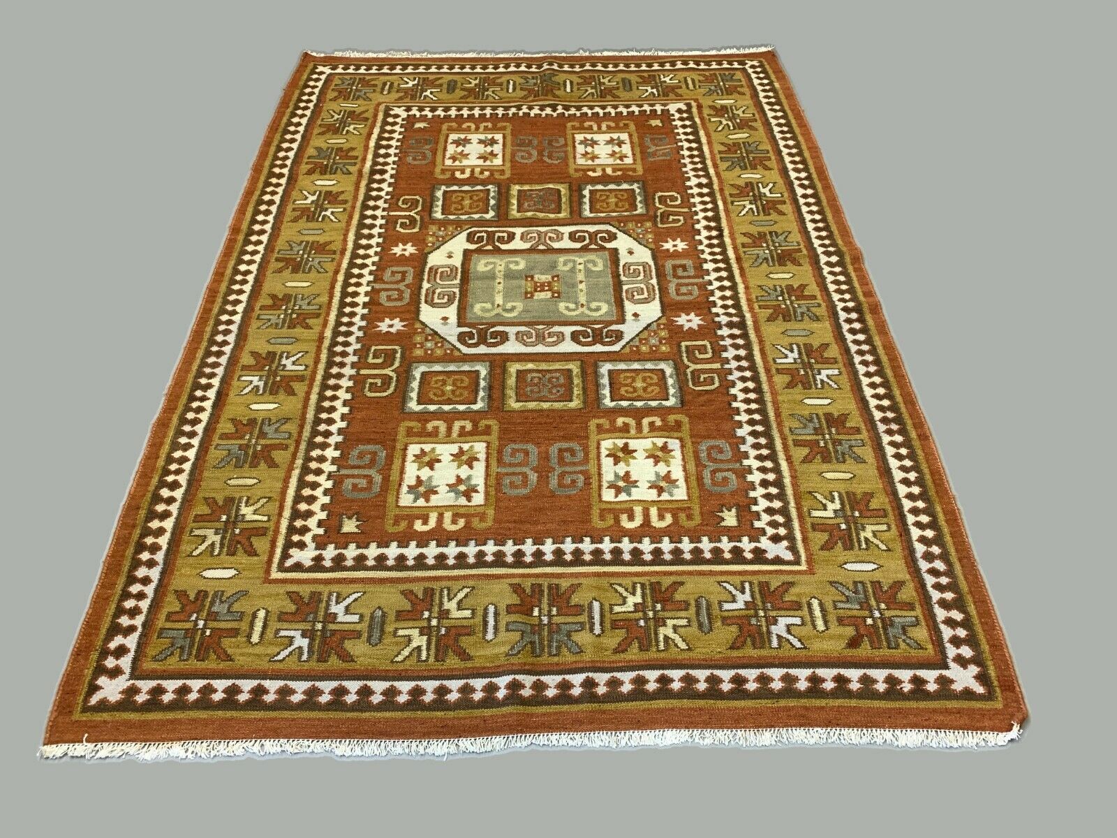 Vintage Turkish Kilim  240x173 cm, tribal Kelim Rug, Green, Beige, Brown, Large