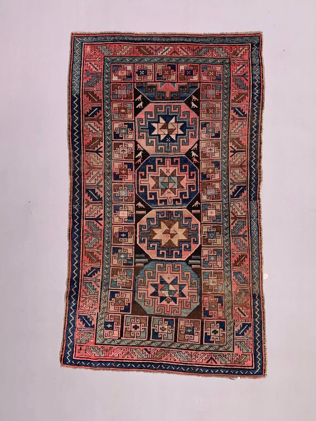 Old Caucasian Gendje Kazak Rug 226x135 cm vintage tribal carpet, Red and Blue