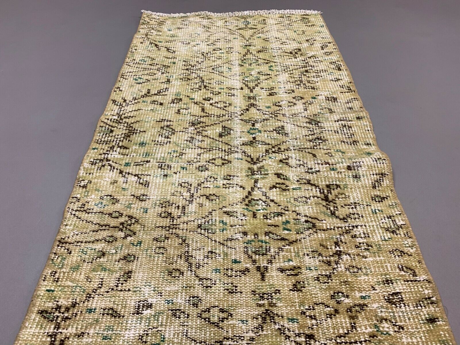 Distressed Turkish Narrow Runner 267x63 cm wool Vintage rug, Overdyed Yellow kilimshop.myshopify.com