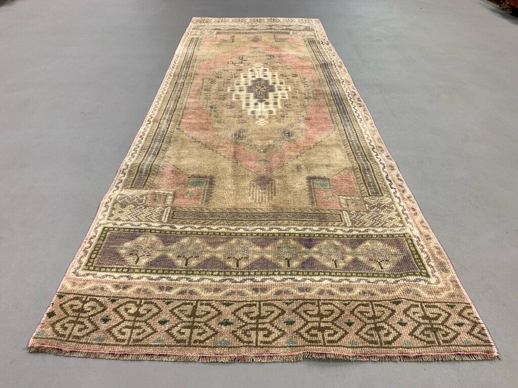 Turkish Rug 266x91 cm wool Vintage shabby Chic Runner Green, Beige