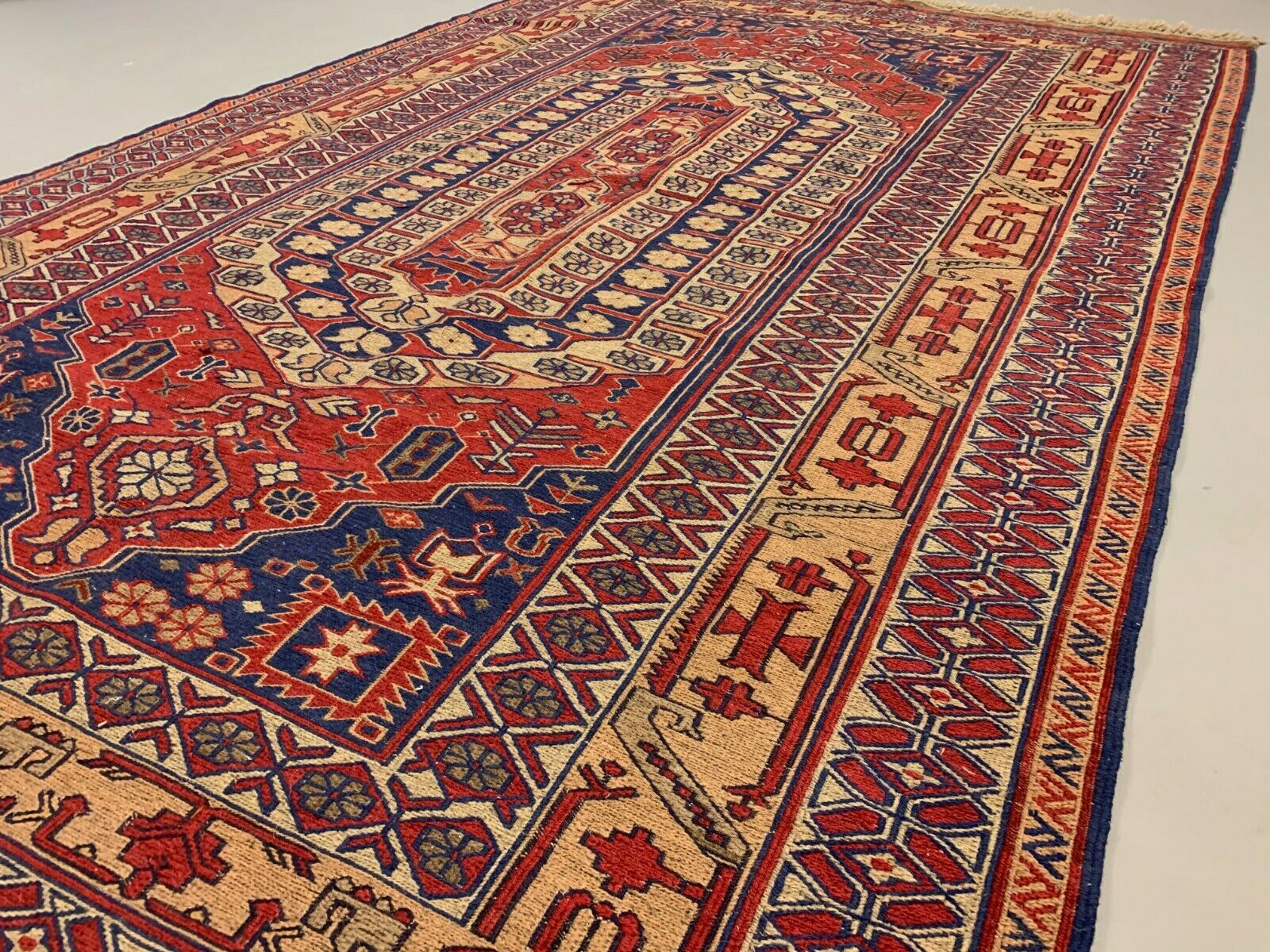 Vintage Afghan Soumak Kilim 245x153 cm, Kelim Rug cm Large Red, Blue, Beige kilimshop.myshopify.com